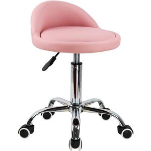 KKTONER PU Leather Round Rolling Stool with Back Rest Height Adjustable Swivel Drafting Work SPA Task Chair with Wheels Pink