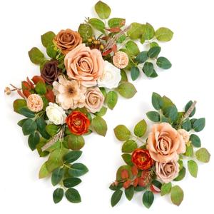 Wedding Decor (Pack of 2) Welcome Sign Flower Backdrop Garland for Ceremony Reception Wall Easel Home Decoration Entryway Faux Outdoor Board Head Table Decor (Orange & Terracotta)