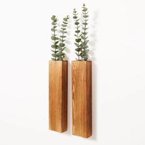 2-Pack Wood Wall Planters with 4 Removable Faux Eucalyptus Stems - Modern Farmhouse Wall Decor for Living Room, Bedroom, Bathroom - Wooden Wall Vases and Fake Eucalyptus for Home Office Decor
