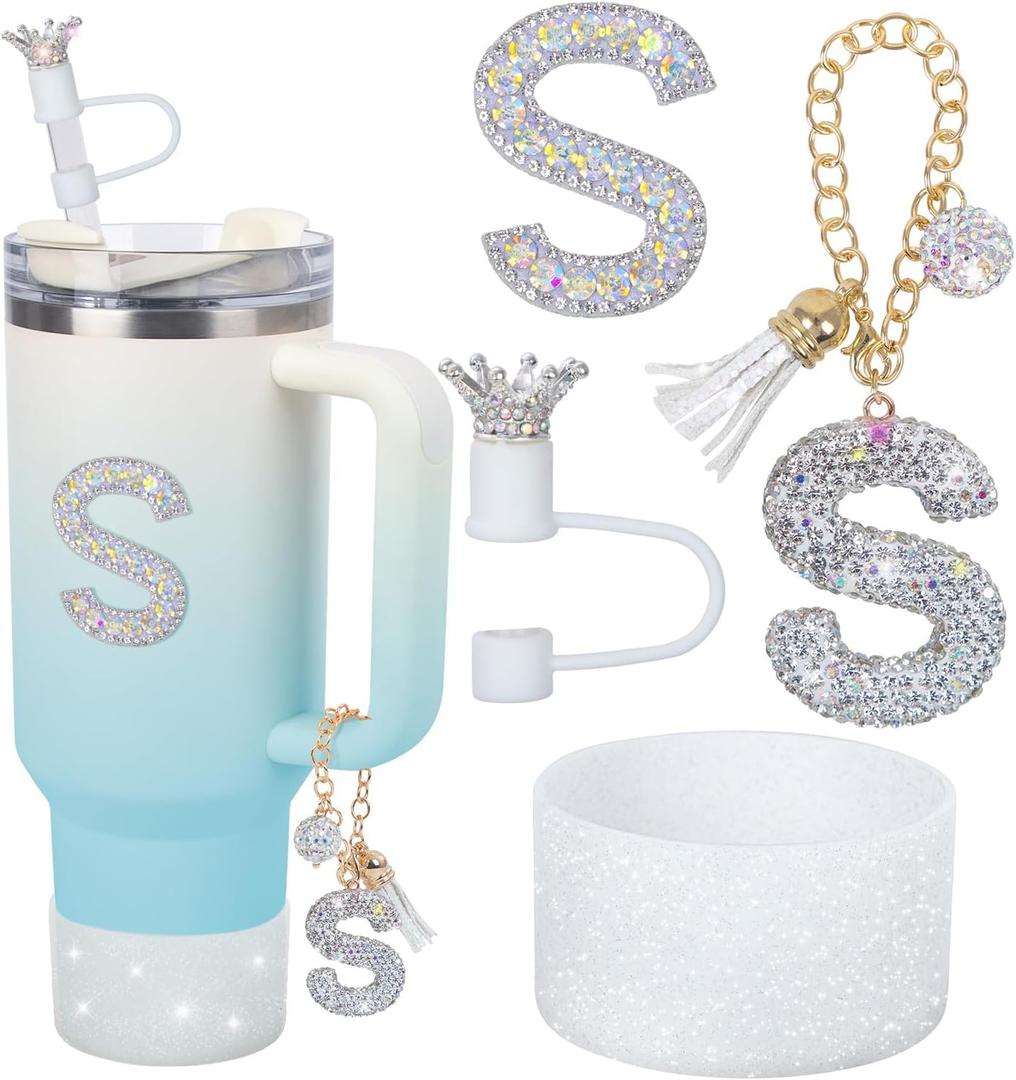 Letter Charms for Stanley Cup Handle,Silicone Boot Accessories Charms for Stanley Cup 40oz 30oz,Crown Straw Cover Topper & Diamond Sticker(S)