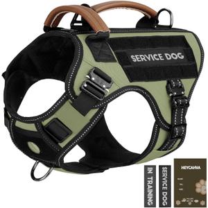Tactical Dog Harness - HEYCAHVA Service Dog Vest Full Metal Buckles for Medium Large Dogs Reflective No Pull Dog Harnesses Vest with Leather Handle, Hook & Loop for Hiking Training (Green, M)