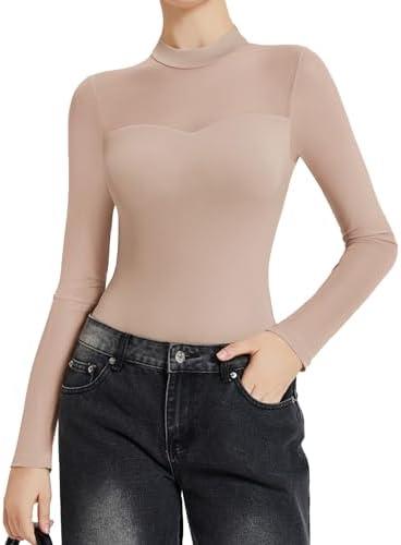 Avidlove Long Sleeve Bodysuits for Women Mock Neck Sheer Mesh Sleeve Bodysuit Double Lined Leotards Shirt Going Out Top, No Size