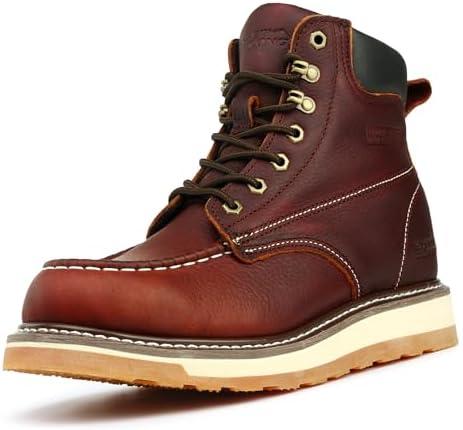 SAFETY LOONG Moc Toe Work Boots for Men Waterproof Soft/Steel Toe Comfortable Full Grain Leather Non Slip Wedge Outsole Construction 6" Workboots, Size 9.5