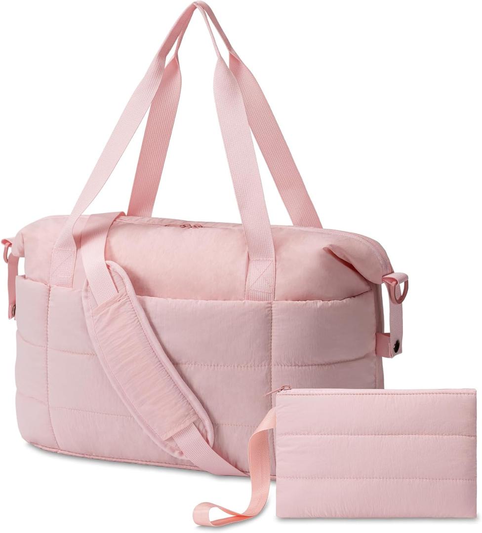 JUNGYOON Gym Bag for Women  Lightweight Weekender Overnight Bags with Toiletry Pouch, Quilted Travel Duffle Carry On Bag (Pink)