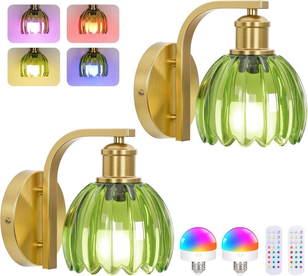 Rechargeable Battery Operated Wall Sconce Set of Two with Green Glass Lampshade, Wireless Battery Powered Wall Lamp with Remote Control, 15 Colors Gold Wall Light for Bedside Hallway Bedroom Doorway