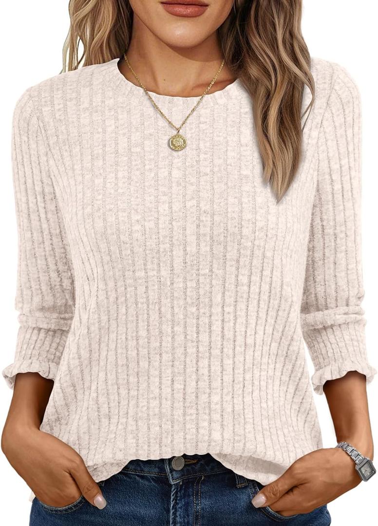AUTOMET Womens 3/4 Sleeve Tops T Shirts Summer Sweater Round Neck Casual Top Ladies Tops Business Casual Blouses (Beige, S)
