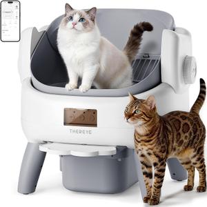 Thereye Automatic Litter Box with Entry Step, Open-Top Self Cleaning Litter Box, App Control & Safety Protections, 10L Waste Bin with Odor Control Smart Cat Litter Box with Trash Bags/Litter Mat