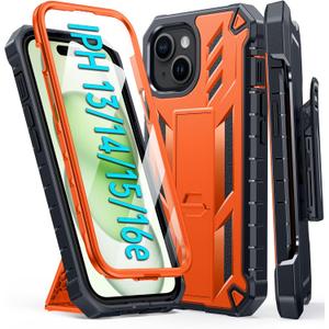 FNTCASE for iPhone 15 Phone Case: for iPhone 14 & 13 & 16e Case Military Shockproof Protective Rugged Cell Phone Cover with Kickstand & Belt-Clip Holster, Heavy Duty Hard Cases 5G - 6.1 Inch Orange
