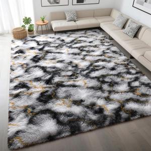 DweIke Fluffy Black White Gold Rugs for Bedroom Living Room, 4x6 Feet Soft Plush Shaggy Tie-Dyed Girls Boys Kids Rug, Upgraded Non-Slip and Machine Washable Carpet for Dorm Nursery Classroom Decor