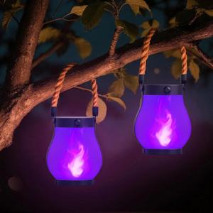 Hompavo Gen2 Solar Lanterns Outdoor Waterproof with Realistic Flickering Flame, Dual Charging (USB/Solar) & 2 Modes - Decorative Hanging/Table Lights for Patio Garden Porch Halloween Decor, 2/Purple
