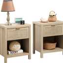 SICOTAS Rattan Nightstands Set of 2, Farmhouse Night Stand Bedside Table with Drawer and Storage Shelf - Boho End Side Table for Bedroom, Light Oak