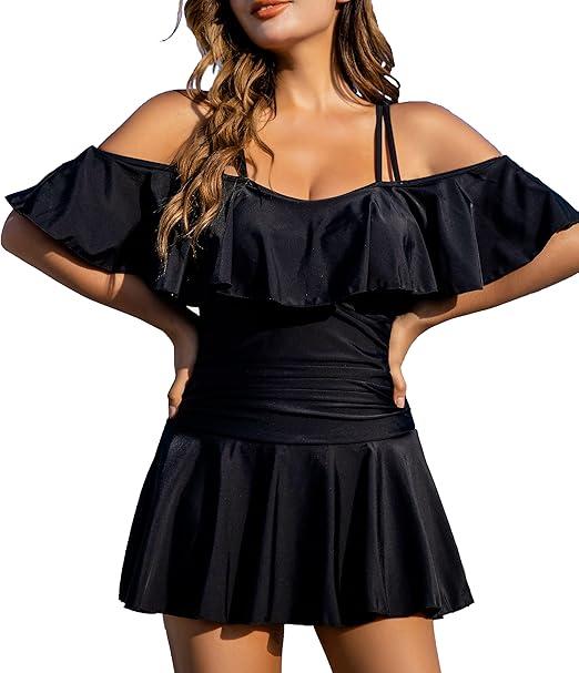 COCOPEAR Women's One Piece Flounce Swimsuit Off Shoulder Bathing Suit Tummy Control Swimdress XXL