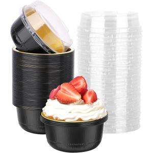 Beasea Aluminum Foil Ramekin Cups With Lids, 50 Pack 6.1oz 180ml Mini Disposable Foil Ramekins Aluminum Round Oven Baking Cupcake Cups for Party - Black Gold
