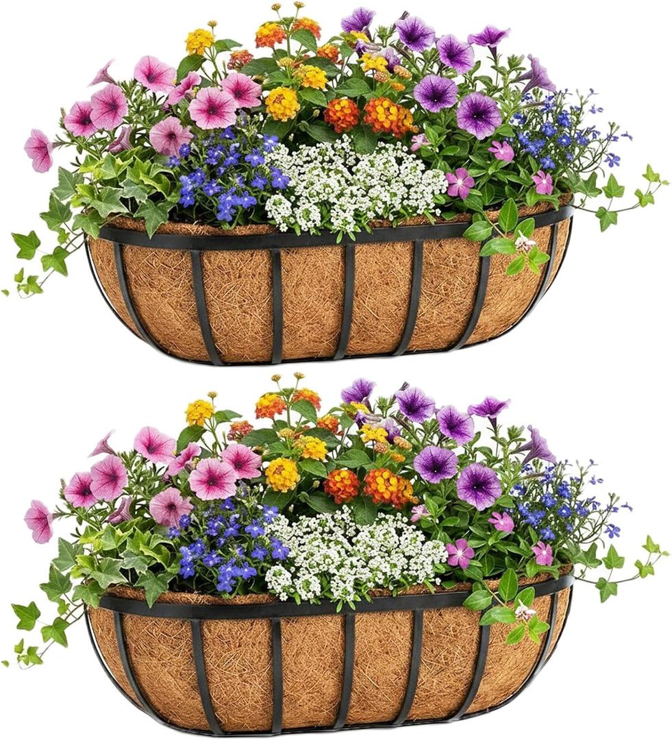 24 Inch Railing Planter Boxes 2 Pack Metal Window Box Planters with Coco Coir Liners, Horse Trough Planter with Adjustable Brackets for Deck Balcony Fence Porch Patio Outdoor Garden, Black
