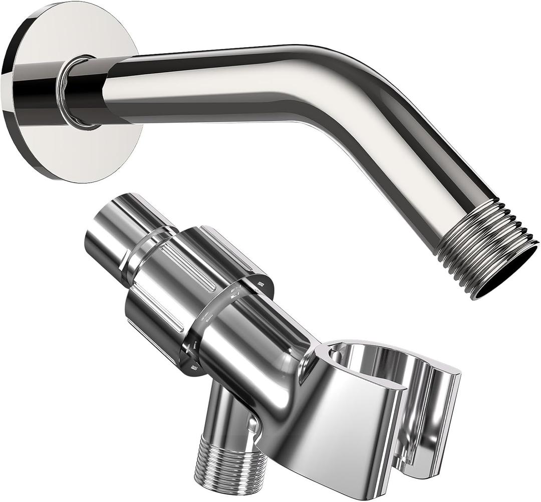 Shower Head Connector Adapter: Adjustable Handheld Showerhead Holder & 6 Inch Extension Pipe Arm - Brass Ball Joint, 360 Rotation, Universal Mount Bracket (Chrome)