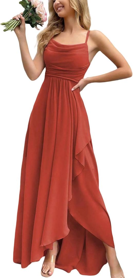 Women's 2026 Spring Formal Evening Gown Elegant Long Prom Dress Wedding Guest Party Cocktail Bridesmaid Maxi Dress (#1 Coral Orange)