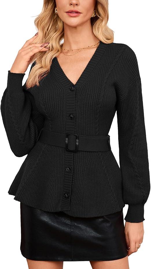 Women's Belted Cable Knit Cardigan Long Sleeve V-Neck Button Down Peplum Sweater (Medium)