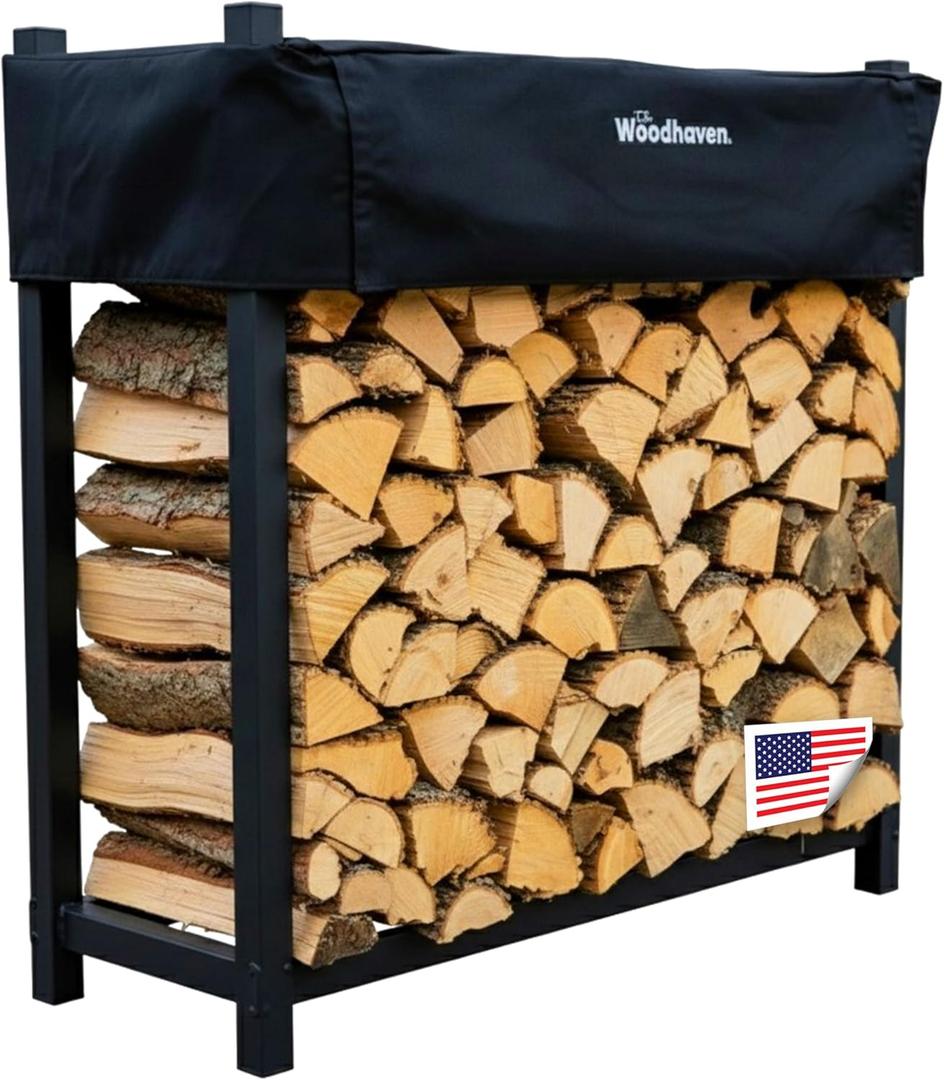 Woodhaven Black 4 Foot - Heavy Duty Made In USA - Indoor Outdoor - 1/4 Cord Firewood Storage Log Rack With Seasoning Cover Combo Set - Metal Log Storage - 48 x 48