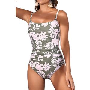 Eomenie Women's One Piece Swimsuits Tummy Control Ruched Bathing Suit 1 Piece Swimwear (Green Printed) XS