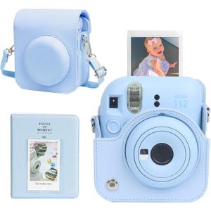 CAIYOULE Camera Case for Fujifilm Instax Mini 12 Instant Film Camera, Leather Protective Camera Crossbody Bag for Fuji Mini 12 with Photo Album, Adjustable Shoulder Strap, Pastel Blue-No Camera