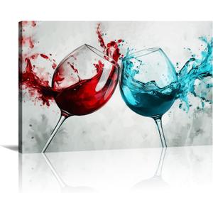 Kitchen Canvas Wall Art Wine Picture Wall Decor Teal and Red Wine Painting Prints Modern Artwork for Bar Restaurant Dining Room Home Decor Framed(Art-1,16.00x24.00 inch)