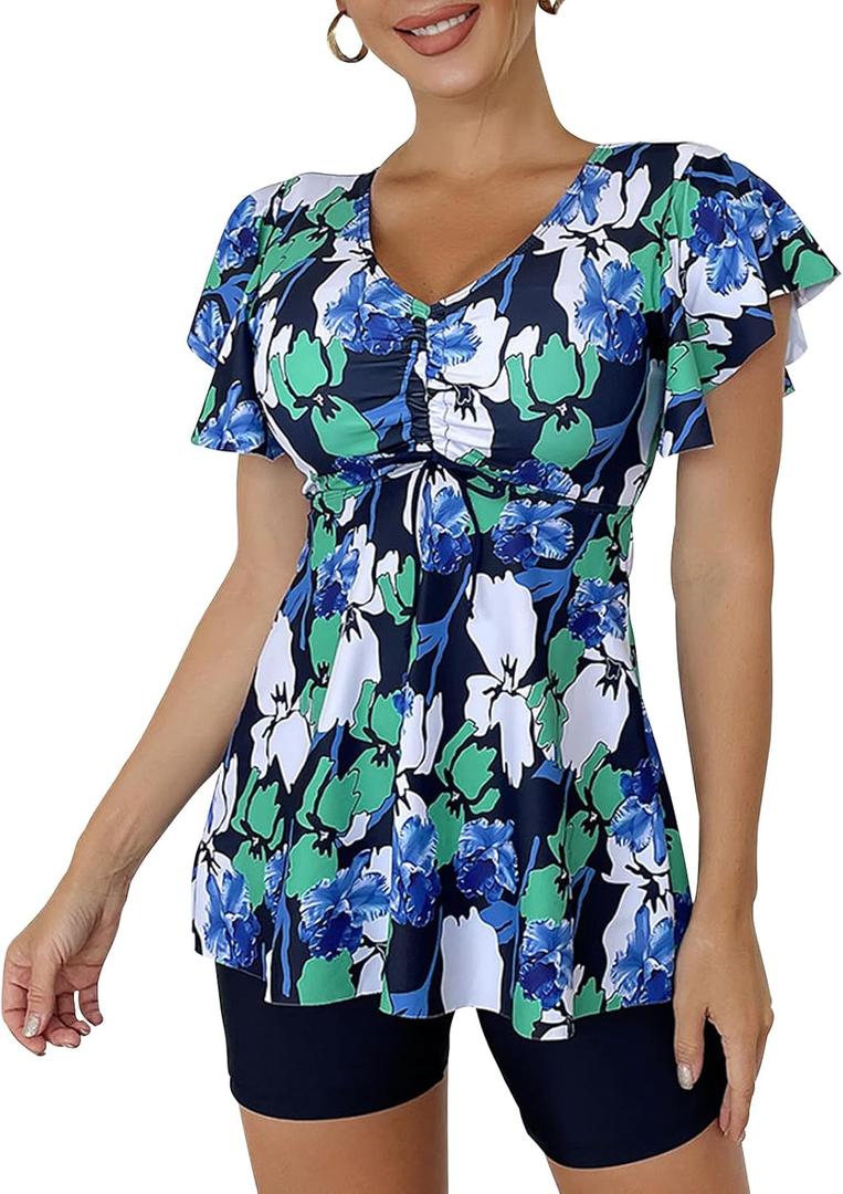 ECUPPER Women Short Sleeve Tankini Swim Dress Ruffled Flowy Skirt Swimsuits Tummy Control Two Piece Bathing Suits with Shorts (XX-Large, Green)
