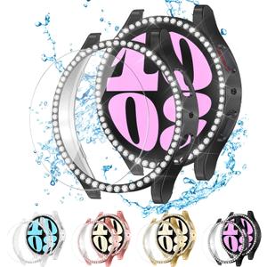 ALMNVO [4+4 Pack Bling Case for Samsung Galaxy Watch 6 Screen Protector 44mm, Tempered Glass Glitter Diamond Bumper Face Cover for Galaxy Watch 6/5/4 Accessories 44mm Galaxy Watch Case for Women (3-Clear/Black/Gold/Pink)