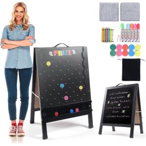 Prize Drop Game Board, 21"x30" Double-Sided Foldable Design with Wooden A-Frame Chalkboard Sign for Family, Carnival, Trade Show & Party - Includes 10 Coin Drop Discs and Chalk Set, Portable Design