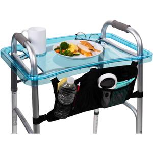 StrongArm Clear View Walker Tray + Bag + Non-Slip Mat & Cup Holder, Tray for Folding Walkers, Food Tray, Walker Accessories, Tray Table for Standard Adult Walkers (Blue)