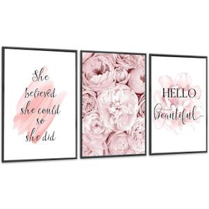 KLPOARTQ Set of 3 Motivational Quotes Wall Art Frame Print for Woman's Room Decoration Peony Flower Poster Canvas Pictures Fashion Home Decor, 12 X 16 inch