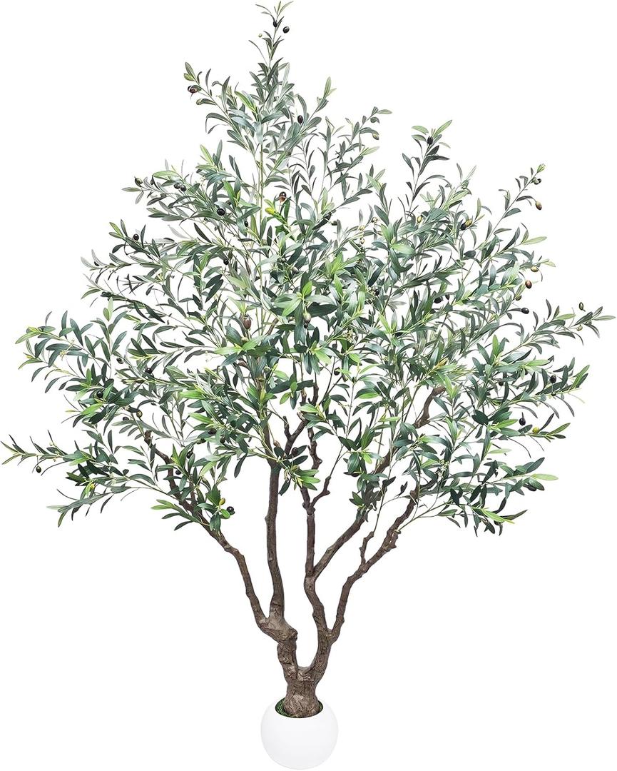 Large Artificial Olive Tree 8FT, Fake Tree for Indoor Outdoor, Lifelike Tall Floor Plants with Heavy Trunk and Ball-Shaped Pot, Home Office Decor for Living Room Bedroom Doorway Hallway