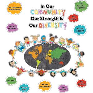 Carson Dellosa Our Strength is Our Diversity Bulletin Board SetColorful 5-Piece Banner with Map, Hearts, and Children Cutouts, Classroom or Homeschool Dcor (22 pc)