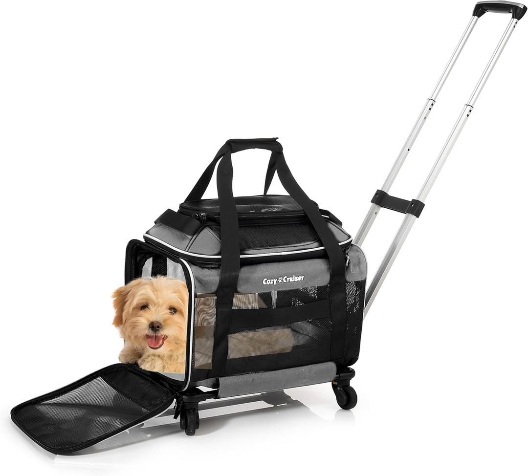 Airline Approved Top-Expanding Pet Carrier on Wheels- Rolling Carrier- Designed for Dogs & Cats- Extra Spacious Soft Lined Carrier! 18x11x11 (Original Mesh Sides) (Grey)