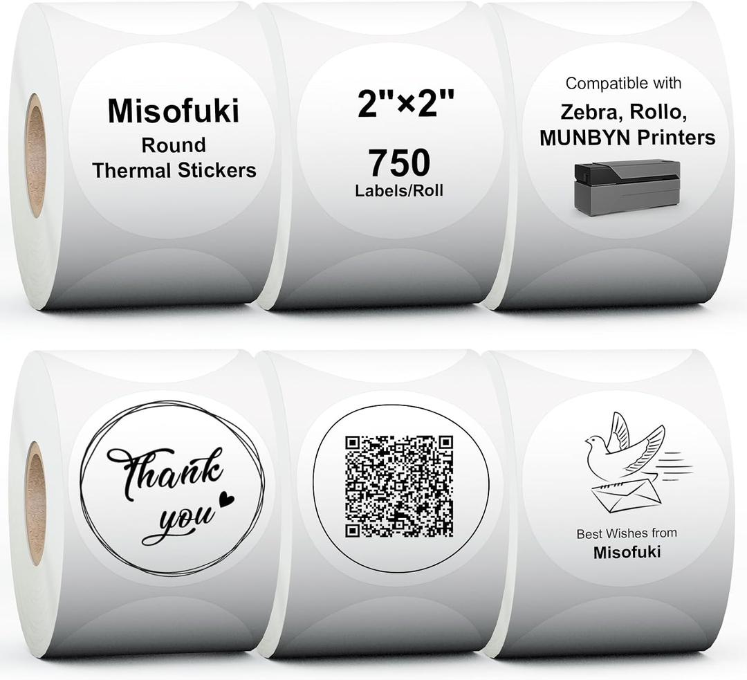 Misofuki 2" 6 Rolls 4500 Labels White Circle Direct Thermal Stickers Labels Rolls Compatible with Zebra, Rollo, MUNBYN, Self-Adhesive Round Direct Thermal Labels