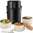 82oz Adults Thermo Food Jar For Hot Food 3 Tier Bento/Food Wide Mouth Insulated Stackable Food Containers Hot Cold lunch box for Work Office Outdoors Picnic (BLACK)