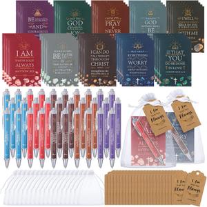 Qeeenar 200 Pcs Christian Gifts Bulk Sets Bible Verse Religious Ballpoint Pen and Notebook Gift Set with Thanks Tags Organza Bag Gift Bulk for Women Church Christian Party Favors(Multicolor,Classic)