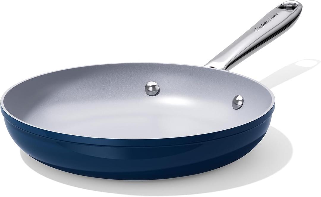CookinCraze Nonstick Ceramic Frying Pan 10 Inch Induction Compatible - Non Toxic, PTFE/PFOA/PFAS Free, Oven & Dishwasher Safe up to 500F - Non Stick Small Skillet with Stay-Cool Handle - Navy Blue
