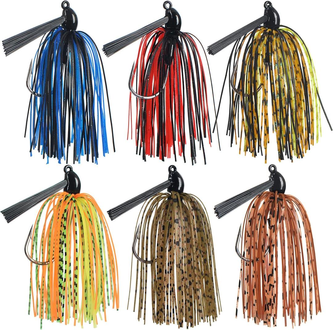 Fishing Jig with Weed Guard 3/8 oz Silicone Skirt Fishing Lures for Bass Perch Multi-Color Pack of 6