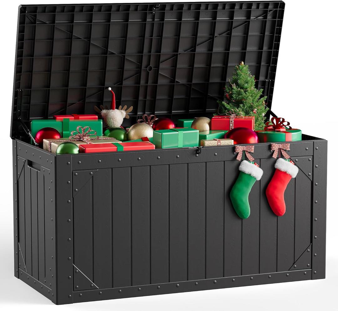 Outdoor Storage Box,100 Gallon Deck Box Outdoor Storage Bench Outside Waterproof Resin Storage Bench, Lockable Patio Cushions, Garden Tools Storage For Furniture, UV Resistant, Black