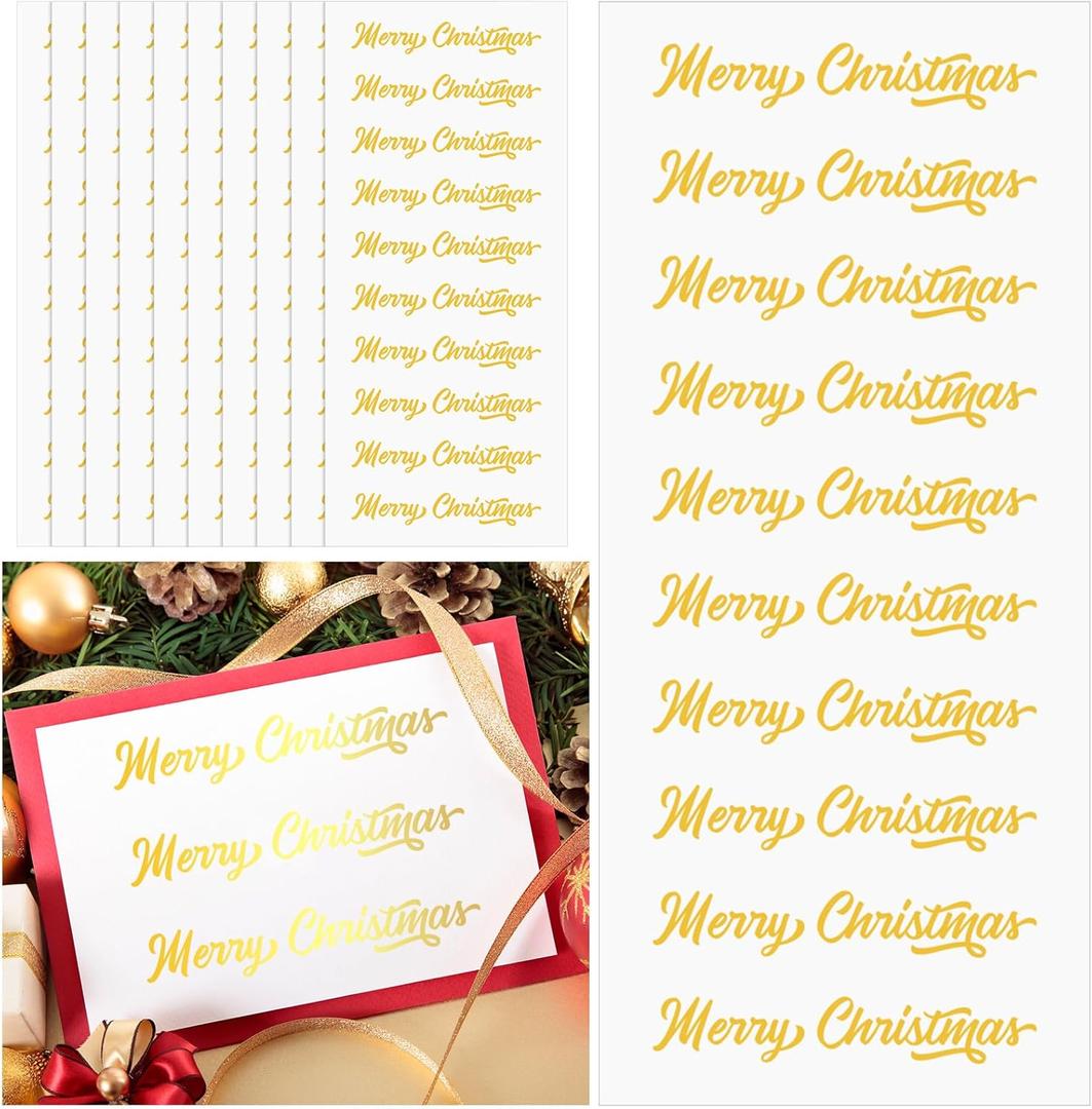 AmazingSpark 200 Pcs 20 Sheet Gold Script Merry Christmas Stickers Merry Christmas Script Mini Foil Adhesive Decals Self-Adhesive Xmas Stickers for Crafts Scrapbooks Holiday Cards Presents