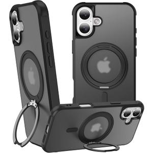 360 Magnetic Swivel Ring for iPhone 16 case, Built-in Metal Stand and Ring Holder, Magsafe Compatible, Military Grade Protection, Shock Resistant - Black