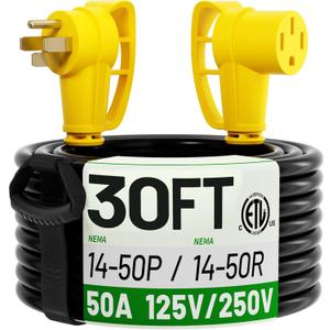 POWGRN NEMA 14-50P to NEMA 14-50R 50 Amp RV/EV Extension Cord 30 FT Outdoor with Grip Handle, Flexible Heavy Duty RV Power Cord Waterproof, 50A 125/250V 6250/12500W STW, Black-Yellow, ETL Listed