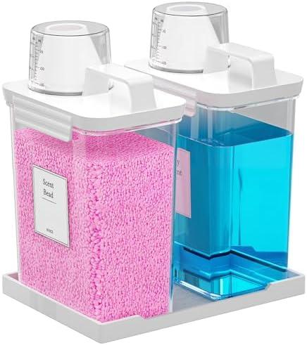 Hordely 61OZ Laundry Detergent Dispenser Container, 2 Pack Liquid Laundry Dispenser, Plastic Detergent Dispensers for Laundry Powder/Fabric Softener with Labels/Tray, Clear