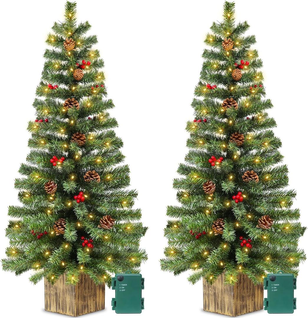 2 Pack 4 Ft Artificial Christmas Entrance Tree in Fake Wooden Box Base with 60 LEDs Warm White Light Timer Waterproof Battery Box Operated 140 Branches 14 Pinecone 12 Berries Xmas Decor for Door Porch