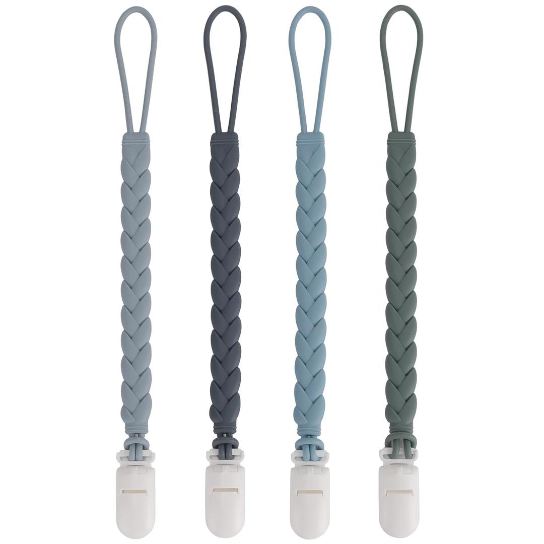 Stylish Silicone Pacifier Clips 4-Pack for Baby Boys and Girls, Woven Rope Flexible Design, Rust-Free Holders for Teething Relief and Baby Essentials, Safe for Newborns (Grey)