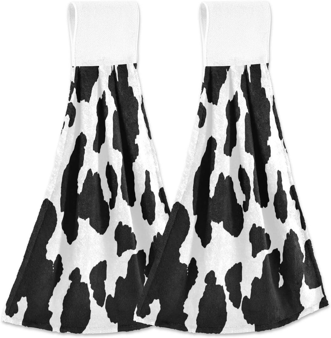 Qilmy Funny Cow Kitchen Towels, 2PCS Super Soft Absorbent Hanging Hang Towels or Dishcloths, Bathroom Hand Towels 12x17Inches