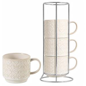 6 Oz Coffee Mugs with Stand, Stackable Ceramic Espresso Cups Set of 4, Embossed Coffee Cups Sets, Porcelain Cappuccino for Latte, Cocoa, Mocha, Tea, Dishwasher Safe, Vintage White