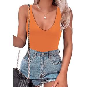SAUNGKUAI Women’s Bodysuit Sexy Plunge Deep V Neck Backless Sleeveless Tank Thong Body Suits Outfits for Going Out, Size Medium