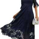 Ruffle Lace Dresses for Women Casual Flutter Sleeve Chiffon Maxi Dress Elegant Flowy Semi-Formal Dress Loose & Extra Long Dark Blue, Size: M