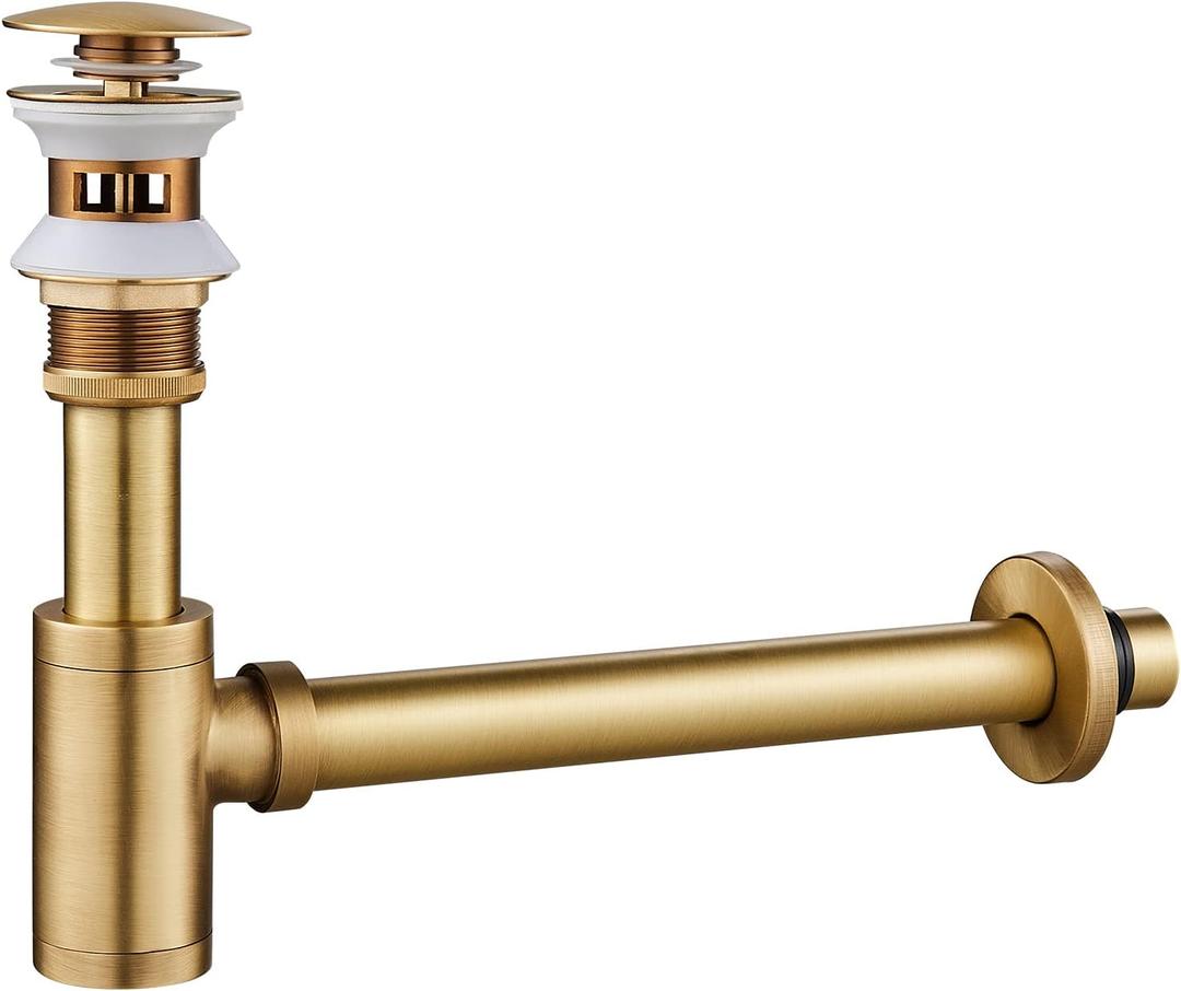 MENATT Bathroom Sink P-Trap Complete Set, Solid Brass 1-1/4 Bottle Trap Sink Drain Kit with Overflow Pop Up Drain Stopper, Antique
